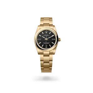 Rolex Oyster Perpetual 34 in yellow gold with a Black dial, domed  bezel, and Oyster bracelet -  Crisson