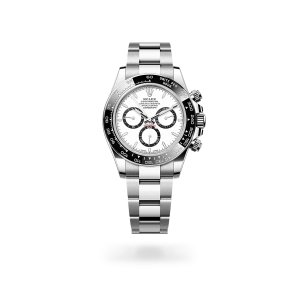 Rolex Cosmograph Daytona in Oystersteel with a white, black counter rings dial, black monobloc Cerachrom bezel, and Oyster bracelet - Crisson
