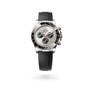 Rolex Cosmograph Daytona in white gold with steel and bright black dial, black monobloc Cerachrom bezel, and Oysterflex bracelet - Crisson