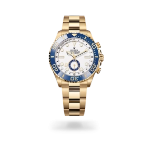 Rolex Yacht-Master II in yellow gold with a White dial, blue Cerachrom insert in ceramic bezel, and Oyster bracelet - Crisson