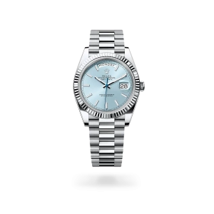 Rolex Day-Date 40 in platinum with an ice blue dial, fluted bezel, and President bracelet - Crisson