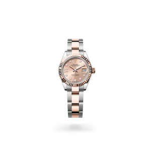 Rolex Lady-Datejust 28 in Oystersteel and Everose gold with a Rosé-colour set with diamonds dial, fluted bezel, and Oyster bracelet -  Crisson