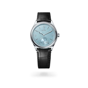Rolex 1908 in platinum with an ice blue dial, and leather bracelet - Crisson