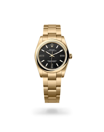 Rolex Oyster Perpetual 34 in yellow gold with a Black dial, domed  bezel, and Oyster bracelet -  Crisson