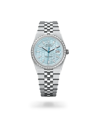 Rolex Land-Dweller 36 in platinum and diamonds with an Ice blue dial, bezel set with diamonds, and flat Jubilee bracelet - Crisson