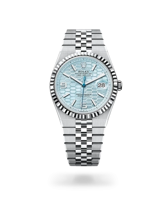 Rolex Land-Dweller 40 in Platinum with an Ice blue dial, fluted bezel, and flat Jubilee bracelet - Crisson