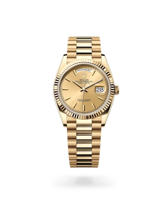 Rolex Day-Date 36 in yellow gold with a champagne-colour dial, fluted bezel, and President bracelet - Crisson