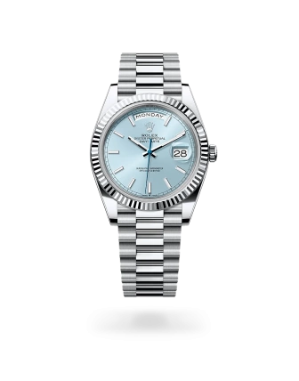 Rolex Day-Date 40 in platinum with an ice blue dial, fluted bezel, and President bracelet - Crisson