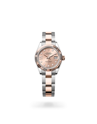 Rolex Lady-Datejust 28 in Oystersteel and Everose gold with a Rosé-colour set with diamonds dial, fluted bezel, and Oyster bracelet -  Crisson