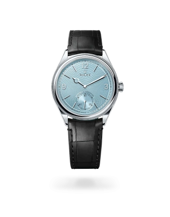 Rolex 1908 in platinum with an ice blue dial, and leather bracelet - Crisson