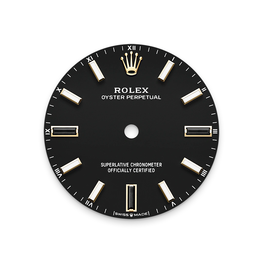 Rolex Oyster Perpetual 34 in yellow gold with a Black dial, domed  bezel, and Oyster bracelet, m124208-0001 - Crisson
