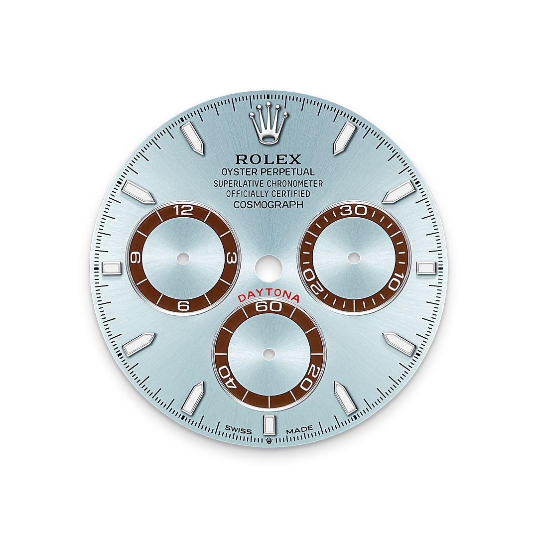 Rolex Cosmograph Daytona in platinum with an ice blue dial, chestnut brown monobloc Cerachrom bezel, and Oyster bracelet, m126506-0001 - Crisson