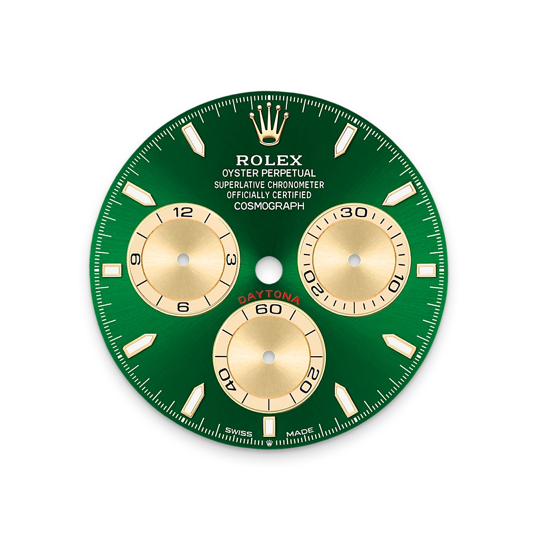 Rolex Cosmograph Daytona in yellow gold with bright green and golden dial, fixed bezel, and Oyster bracelet, m126508-0008 - Crisson