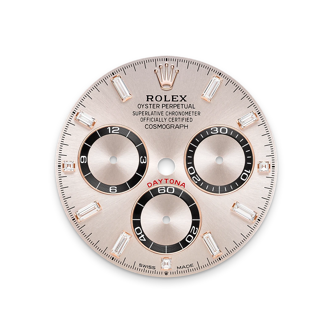 Rolex Cosmograph Daytona in Everose gold and diamonds with Sundust and bright black dial, bezel set with diamonds, and Oysterflex bracelet, m126535tbr-0002 - Crisson