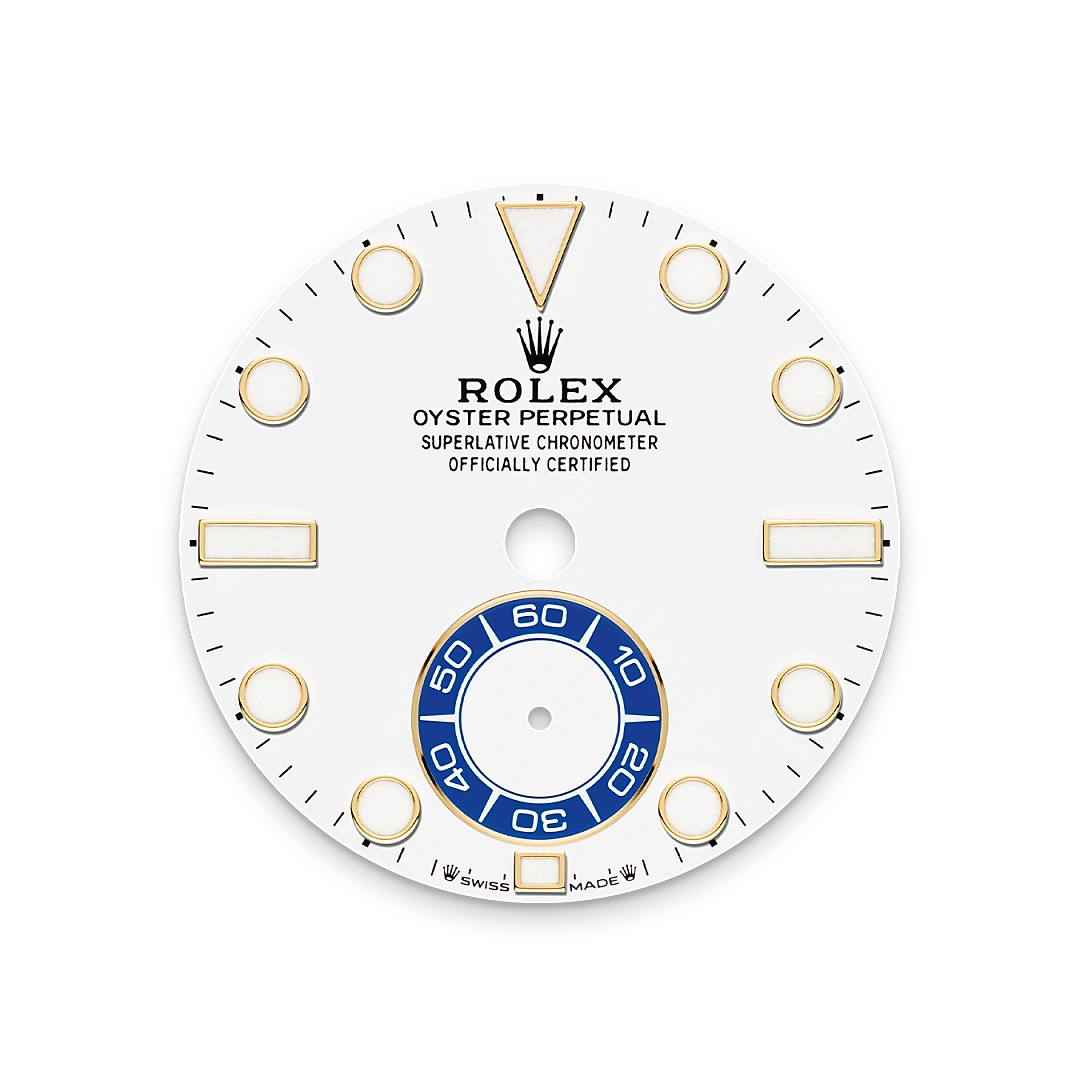 Rolex Yacht-Master II in yellow gold with a White dial, blue Cerachrom insert in ceramic bezel, and Oyster bracelet, m126688-0001 - Crisson