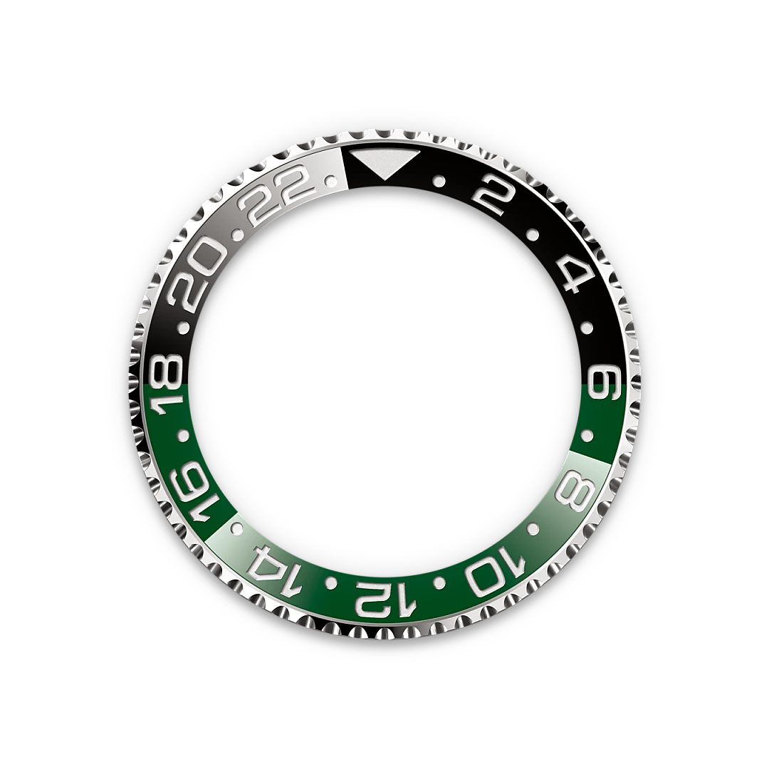 Rolex GMT-Master II in white gold with a green ceramic dial, bidirectional rotatable 24-hour graduated  bezel, and Oyster bracelet, m126729vtnr-0001 - Crisson