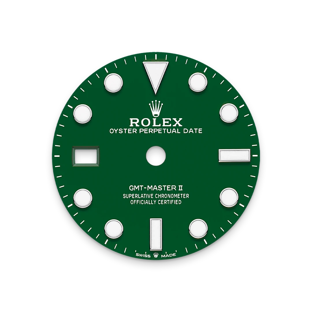 Rolex GMT-Master II in white gold with a green ceramic dial, bidirectional rotatable 24-hour graduated  bezel, and Oyster bracelet, m126729vtnr-0001 - Crisson