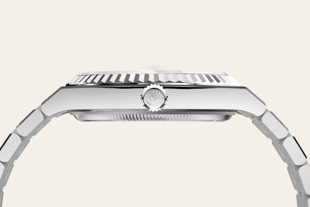 Rolex Land-Dweller 36 in Oysterstel and white gold with an intense white dial, fluted bezel, and flat Jubilee bracelet, m127234-0001 - Crisson