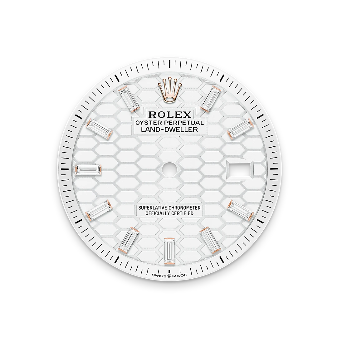 Rolex Land-Dweller 36 in Everose gold and diamonds with an intense white dial, fluted bezel, and flat Jubilee bracelet, m127285tbr-0002 - Crisson
