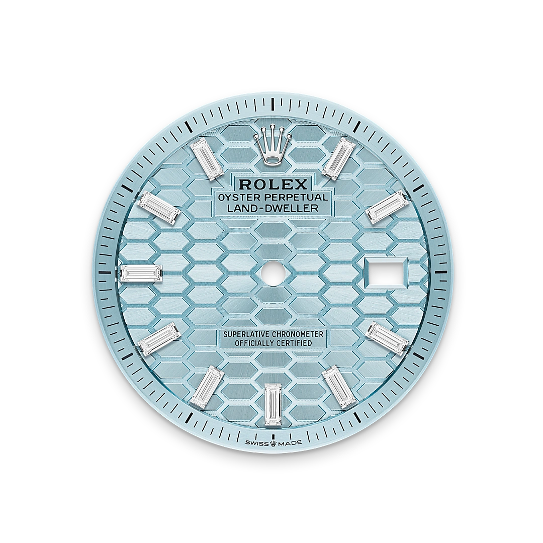 Rolex Land-Dweller 36 in platinum and diamonds with an Ice blue dial, bezel set with diamonds, and flat Jubilee bracelet, m127286tbr-0001 - Crisson