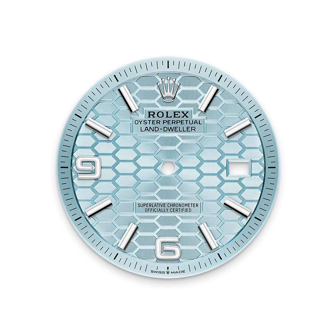Rolex Land-Dweller 40 in Platinum with an Ice blue dial, fluted bezel, and flat Jubilee bracelet, m127336-0001 - Crisson