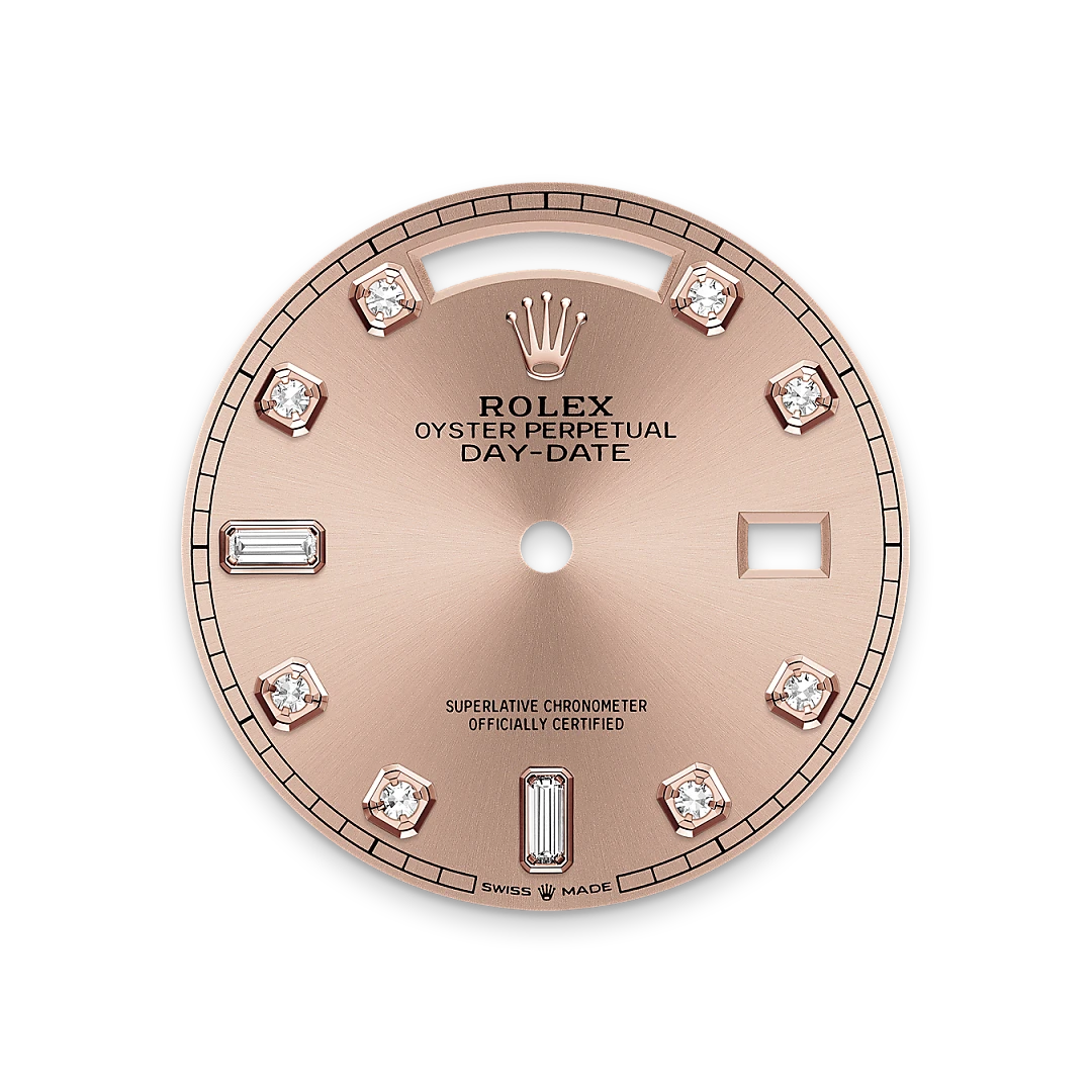 Rolex Day-Date 36 in Everose gold, rosé-colour dial with diamonds, fluted bezel, and President bracelet, m128235-0009 - Crisson