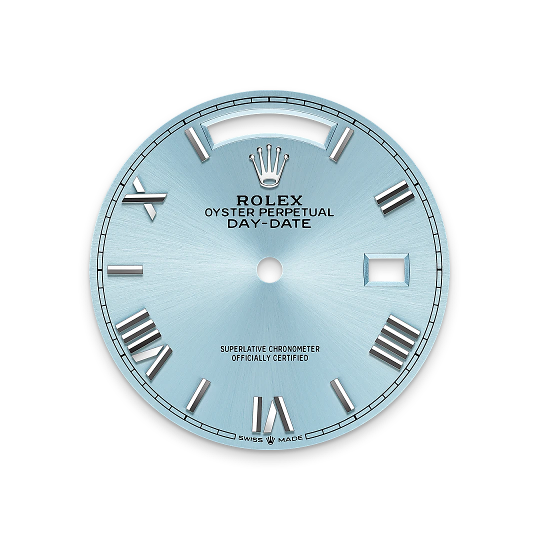 Rolex Day-Date 36 in platinum with an ice blue dial, fluted bezel, and President bracelet, m128236-0018 - Crisson Rolex Day-Date 36 in platinum with an ice blue dial, fluted bezel, and President bracelet, m128236-0018 - Crisson