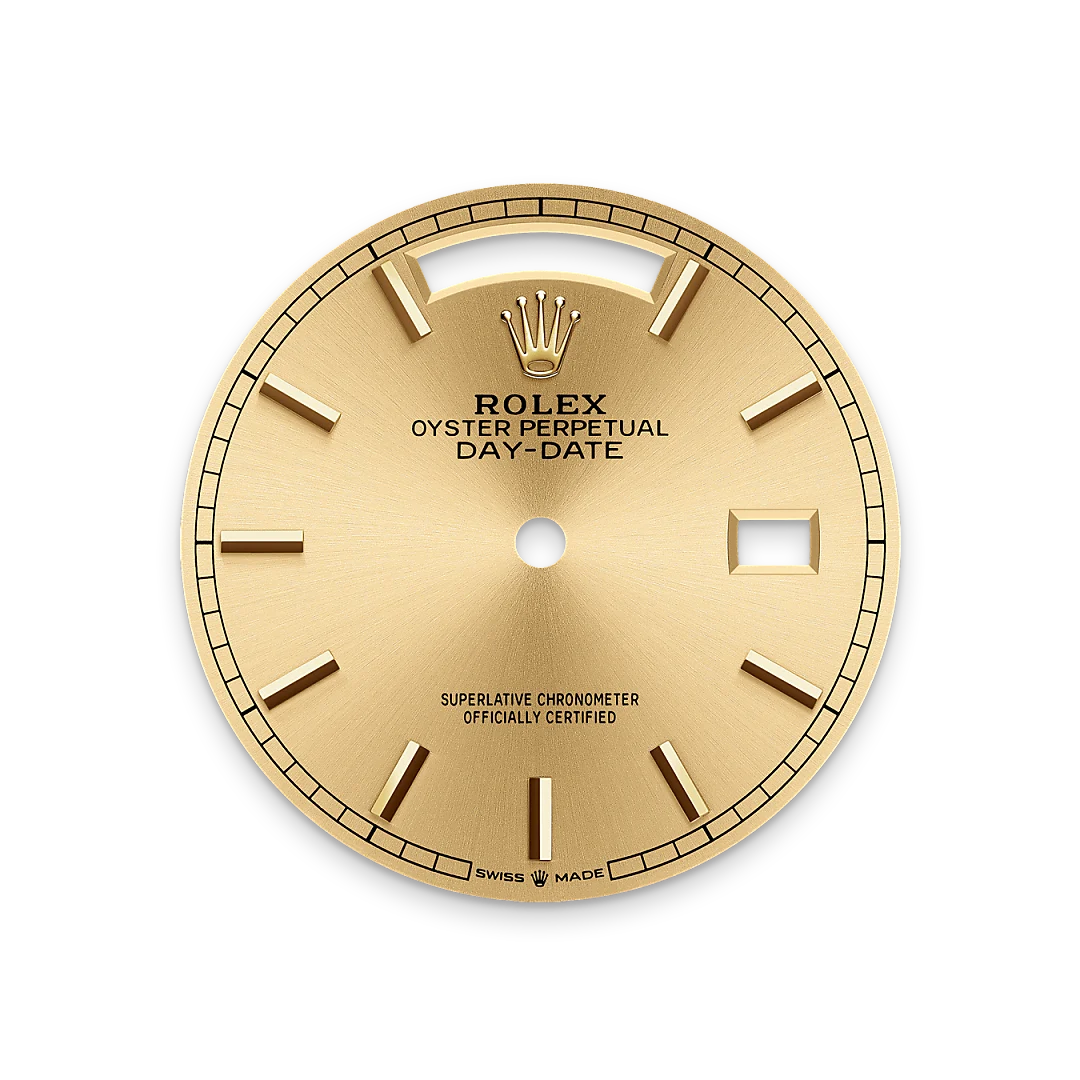 Rolex Day-Date 36 in yellow gold with a champagne-colour dial, fluted bezel, and President bracelet, m128238-0045 - Crisson Rolex Day-Date 36 in yellow gold with a champagne-colour dial, fluted bezel, and President bracelet, m128238-0045 - Crisson