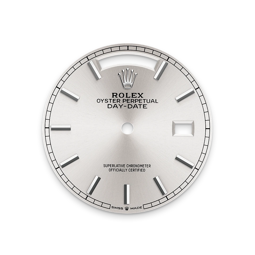 Rolex Day-Date 36 in white gold with a silver dial, fluted bezel, and President bracelet, m128239-0005 - Crisson Rolex Day-Date 36 in white gold with a silver dial, fluted bezel, and President bracelet, m128239-0005 - Crisson