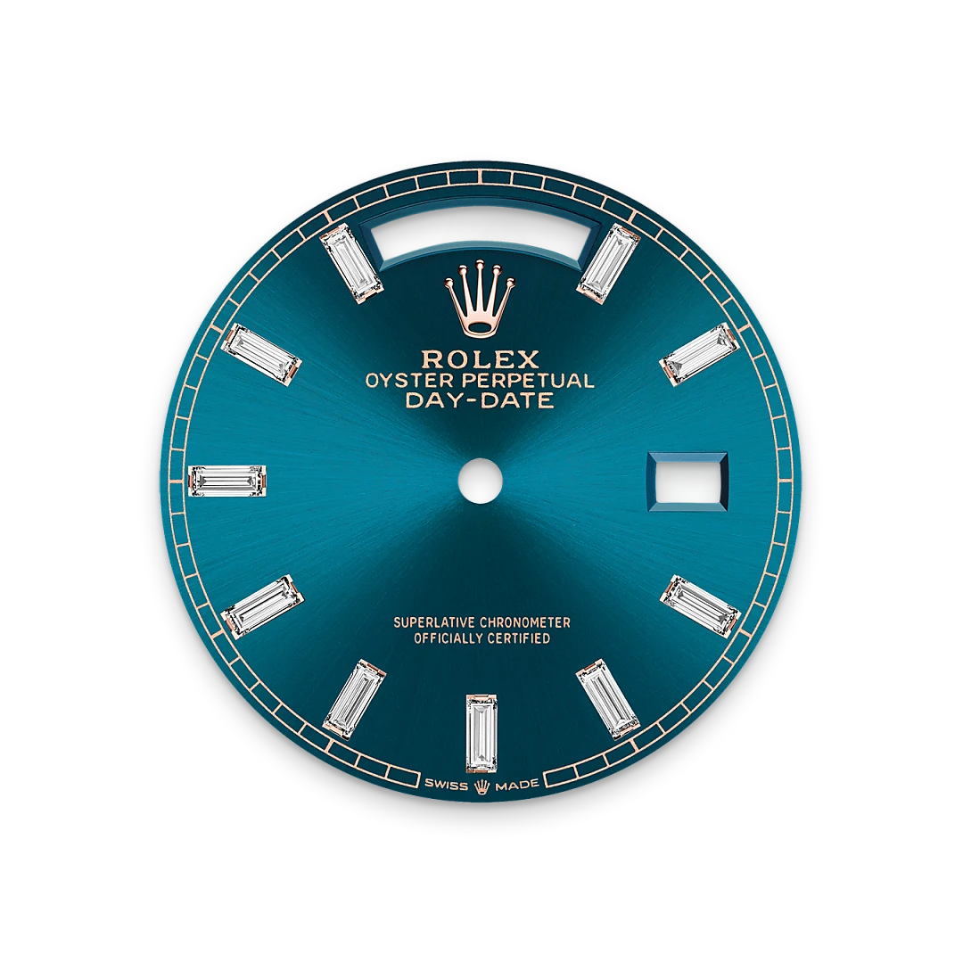 Rolex Day-Date 36 in Everose gold and diamonds, blue-green dial with diamonds, bezel with diamonds, and President bracelet, m128395tbr-0032 - Crisson