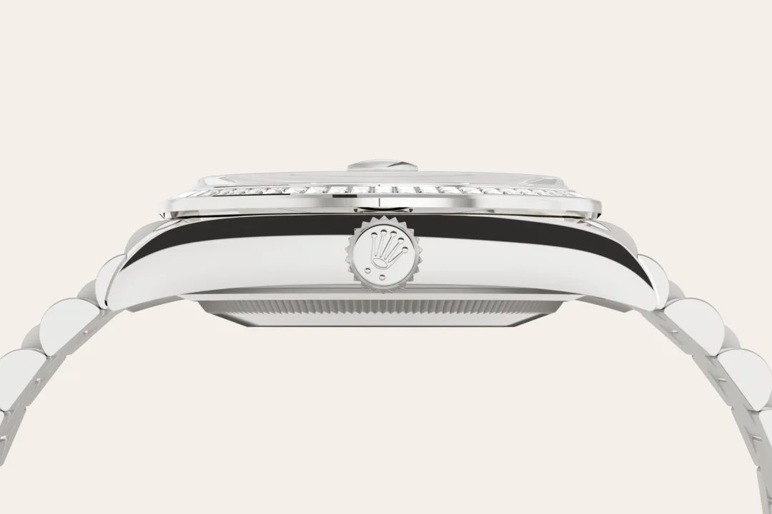 Rolex Day-Date 36 in white gold and diamonds, pink dial with diamonds, bezel with diamonds, and President bracelet, m128399tbr-0029 - Crisson