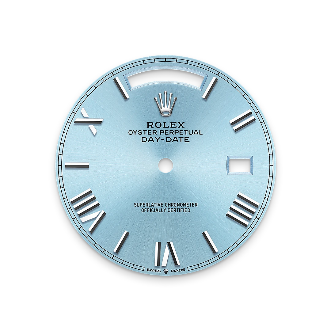 Rolex Day-Date 40 in platinum with an ice-blue dial, fluted bezel, and President bracelet, M228236-0012 - Crisson Rolex Day-Date 40 in platinum with an ice-blue dial, fluted bezel, and President bracelet, M228236-0012 - Crisson