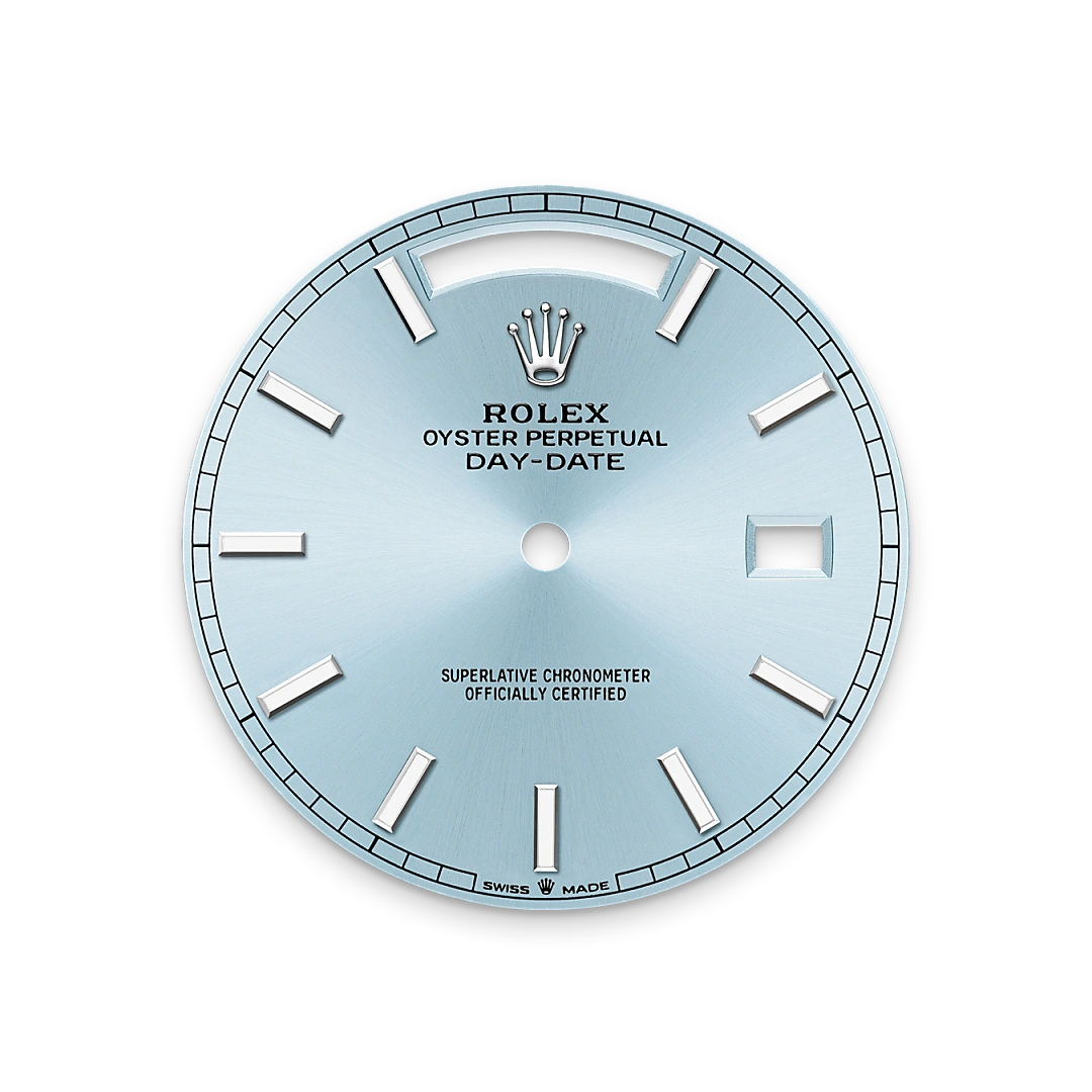 Rolex Day-Date 40 in platinum with an ice blue dial, fluted bezel, and President bracelet, m228236-0018 - Crisson