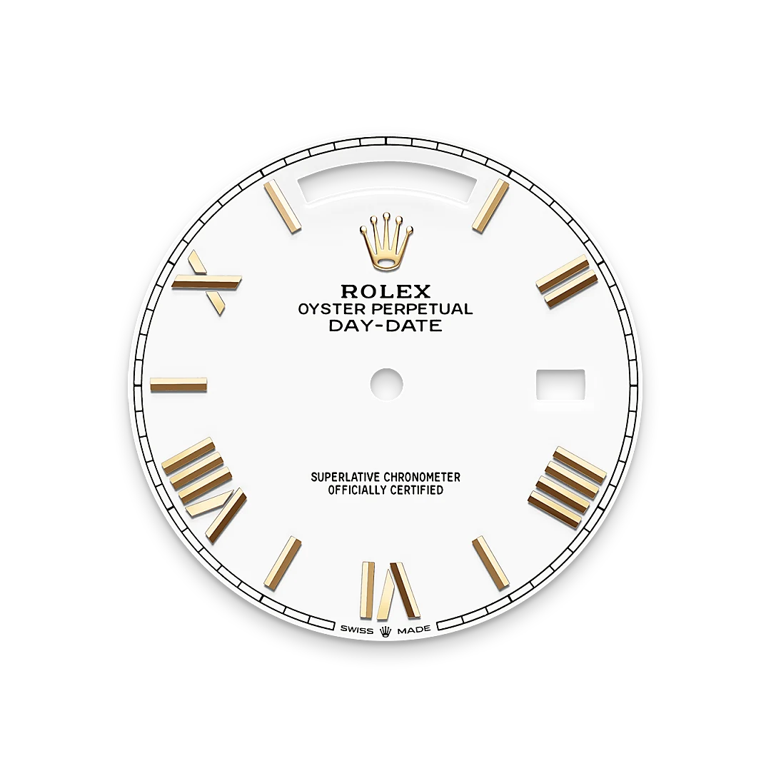 Rolex Day-Date 40 in yellow gold with a white dial, fluted bezel, and President bracelet, m228238-0042 - Crisson Rolex Day-Date 40 in yellow gold with a white dial, fluted bezel, and President bracelet, m228238-0042 - Crisson