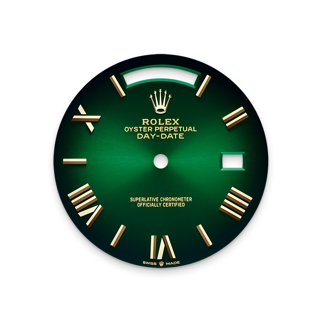 Rolex Day-Date 40 in yellow gold with a green ombré dial, fluted bezel, and President bracelet, m228238-0069 - Crisson Rolex Day-Date 40 in yellow gold with a green ombré dial, fluted bezel, and President bracelet, m228238-0069 - Crisson