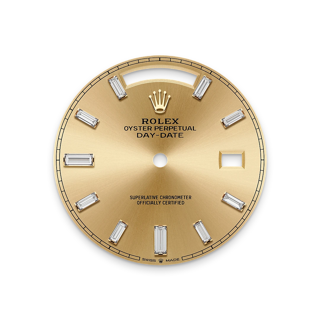 Rolex Day-Date 40 in yellow gold and diamonds, with a champagne-colour dial with diamonds, bezel with diamonds, and President bracelet, m228348rbr-0002 - Crisson