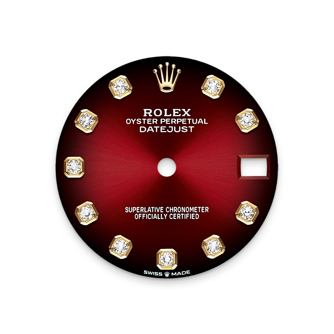 Rolex Datejust 31 in yellow gold and diamonds with a Red ombré dial with diamonds, bezel with diamonds, and President bracelet, m278288rbr-0041 - Crisson