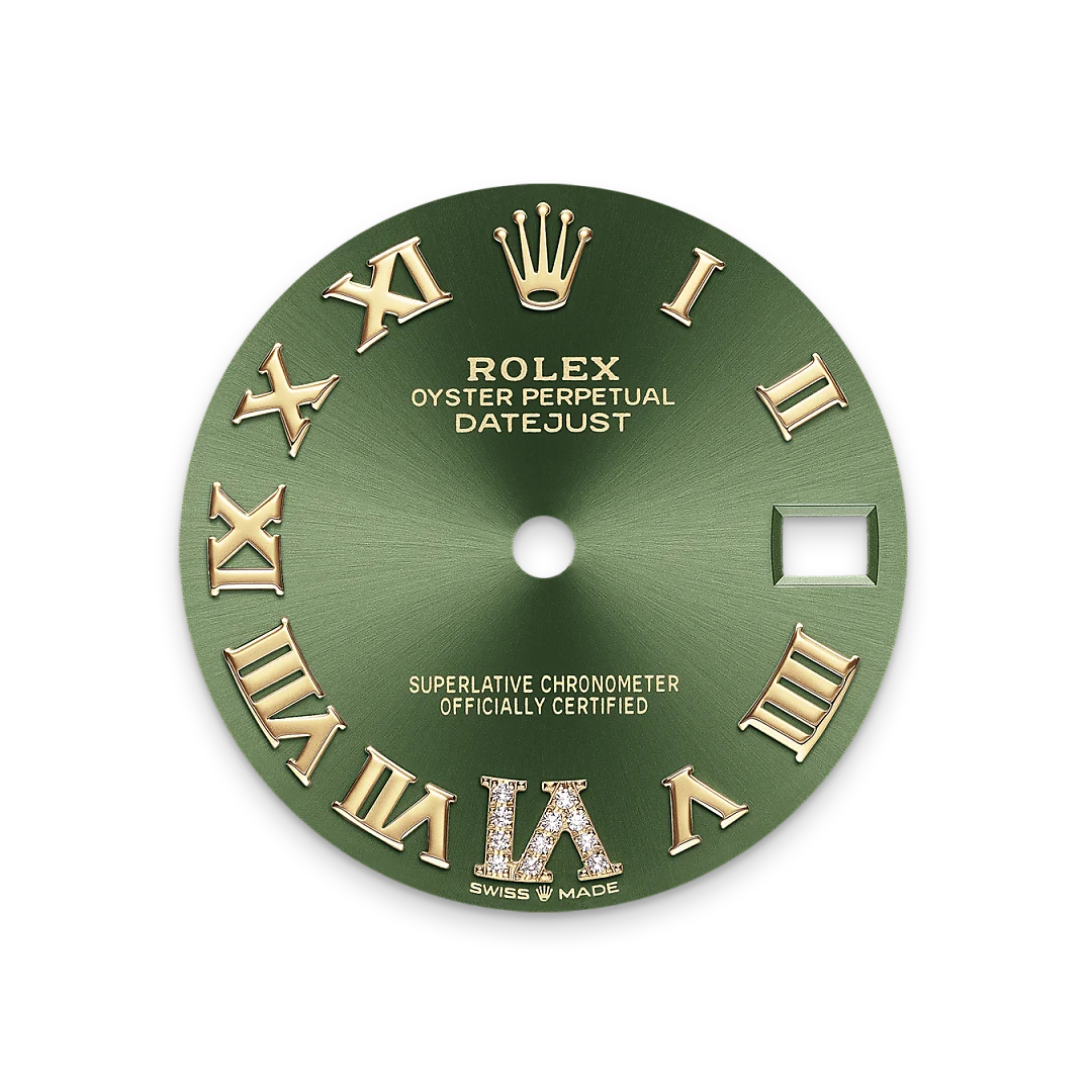 Rolex Datejust 31 in Oystersteel, yellow gold and diamonds with an Olive green dial with diamonds, domed bezel with diamonds, and Jubilee bracelet, m278343rbr-0016 - Crisson