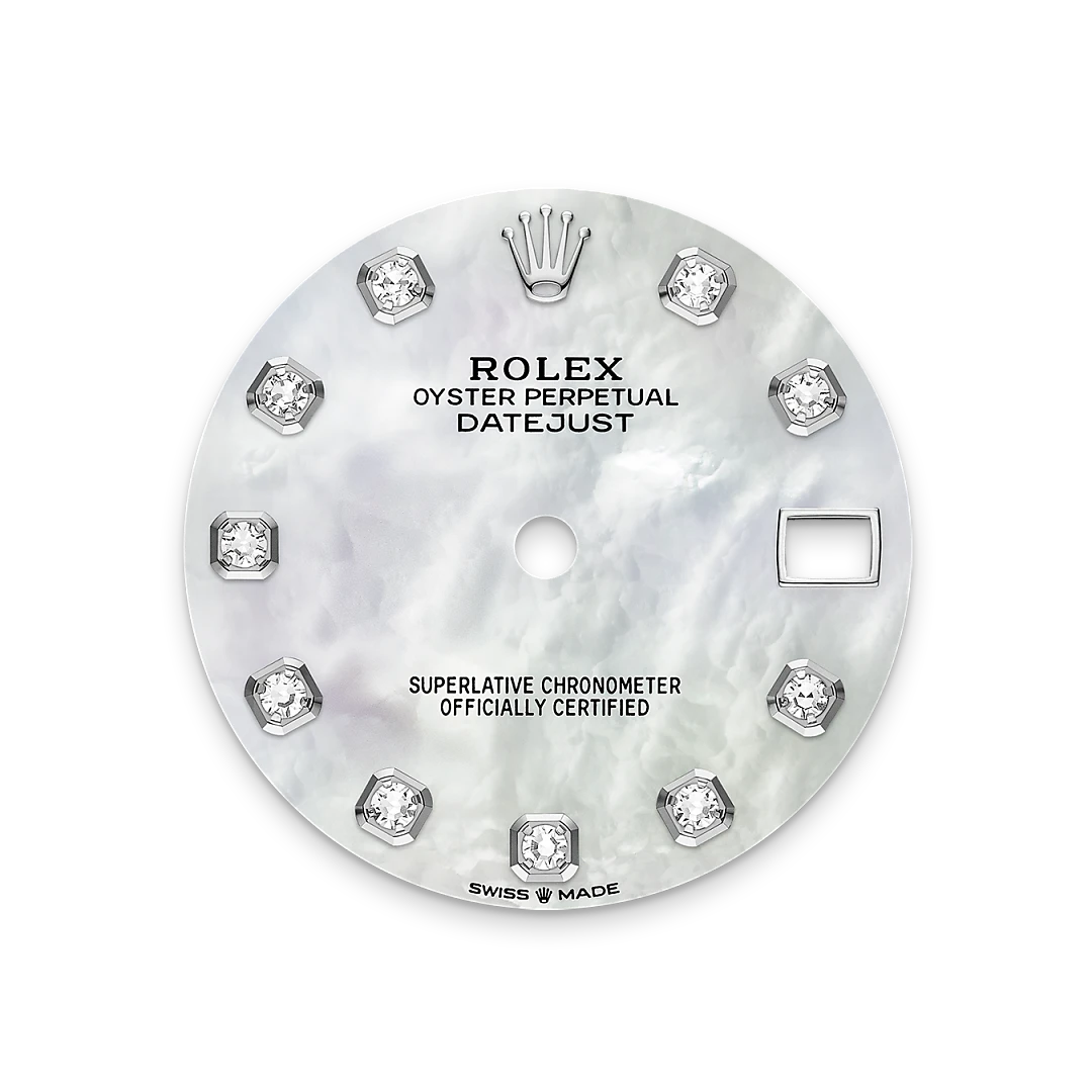 Rolex Datejust 31 in Oystersteel, white gold and diamonds with a white mother-of-pearl dial with diamonds, bezel with diamonds, and Jubilee bracelet, m278384rbr-0008 - Crisson