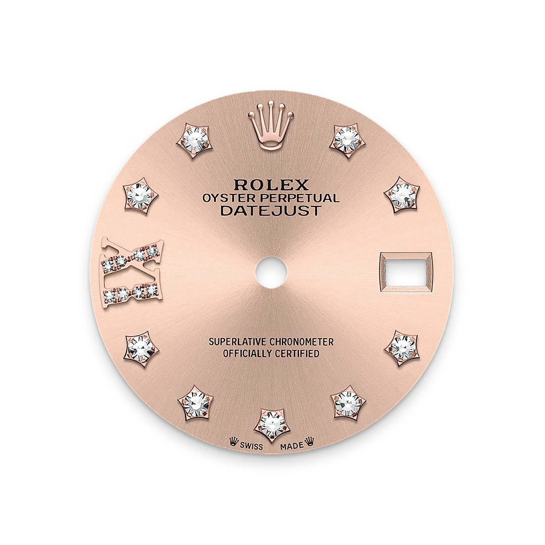 Rolex Lady-Datejust 28 in Oystersteel and Everose gold with a Rosé-colour set with diamonds dial, fluted bezel, and Oyster bracelet, m279171-0028 - Crisson
