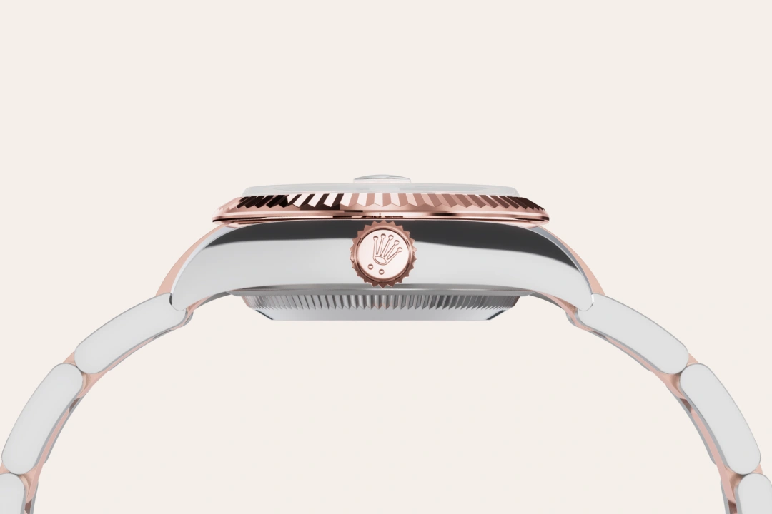 Rolex Lady-Datejust 28 in Oystersteel and Everose gold with a Rosé-colour set with diamonds dial, fluted bezel, and Oyster bracelet, m279171-0028 - Crisson