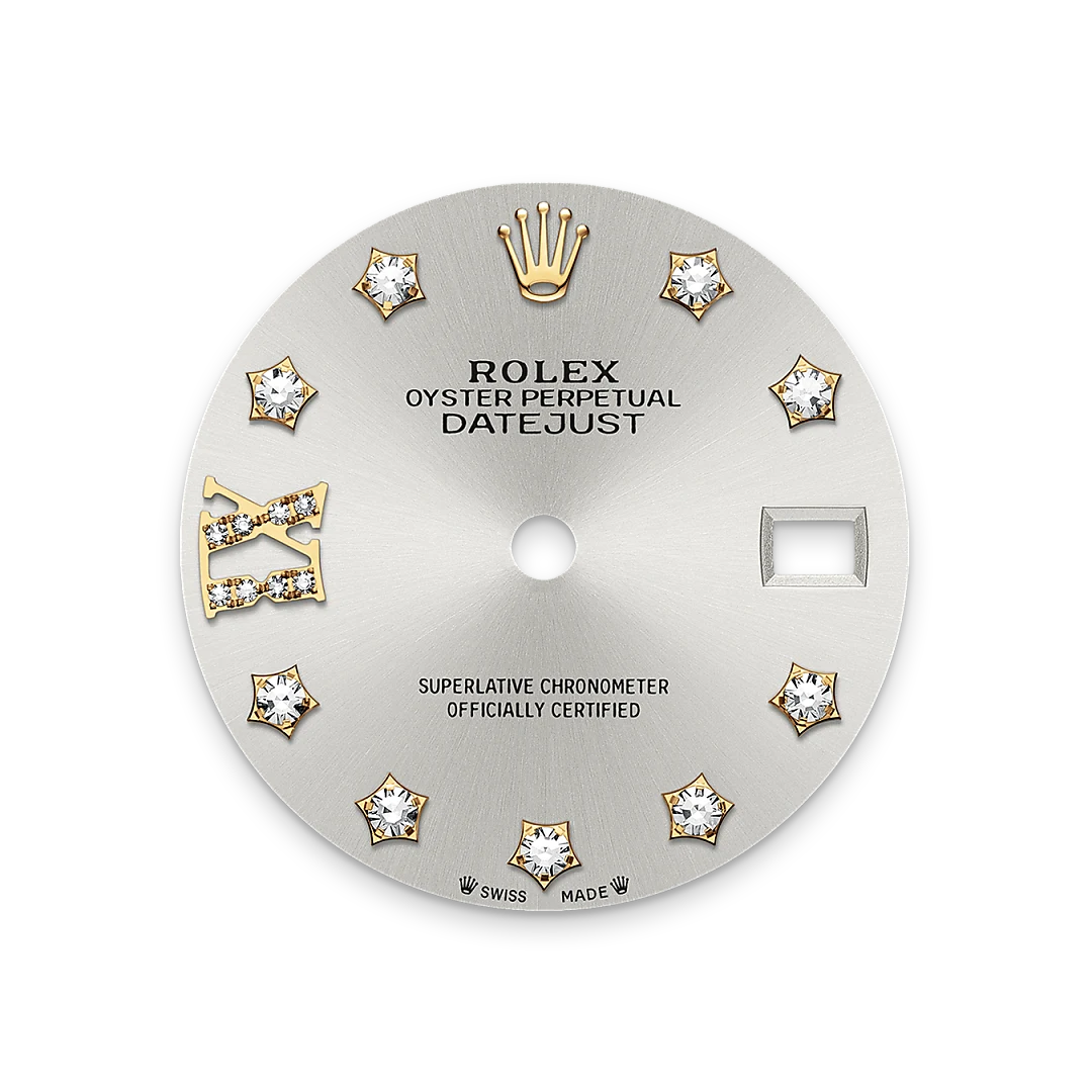 Rolex Lady-Datejust 28 in Oystersteel, yellow gold and diamonds, with a silver dial with diamonds, bezel with diamonds, and Jubilee bracelet, m279383rbr-0003 - Crisson