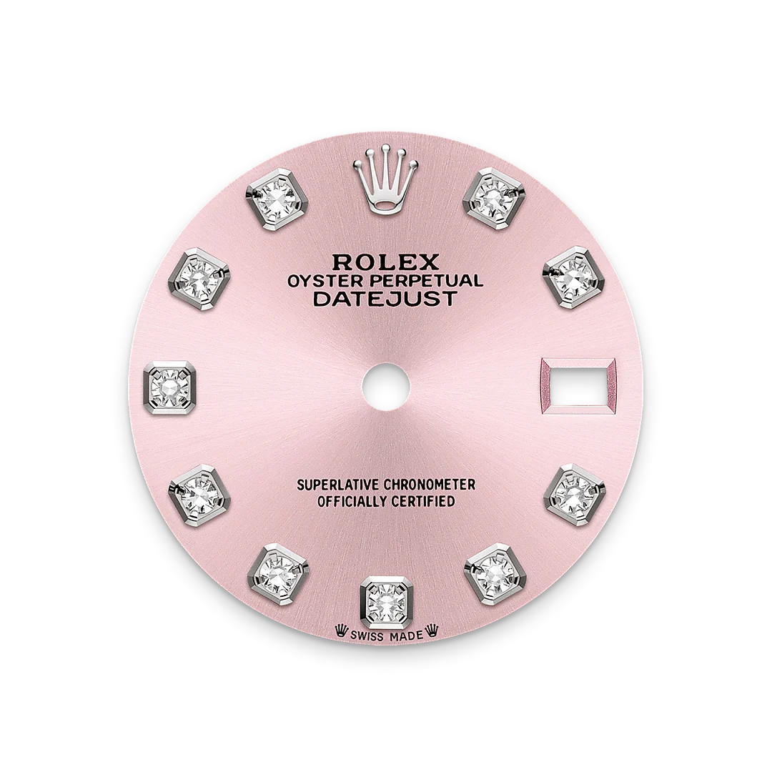 Rolex Lady-Datejust 28 in Oystersteel, white gold and diamonds, with a pink dial with diamonds, bezel with diamonds, and Oyster bracelet, m279384rbr-0004 - Crisson