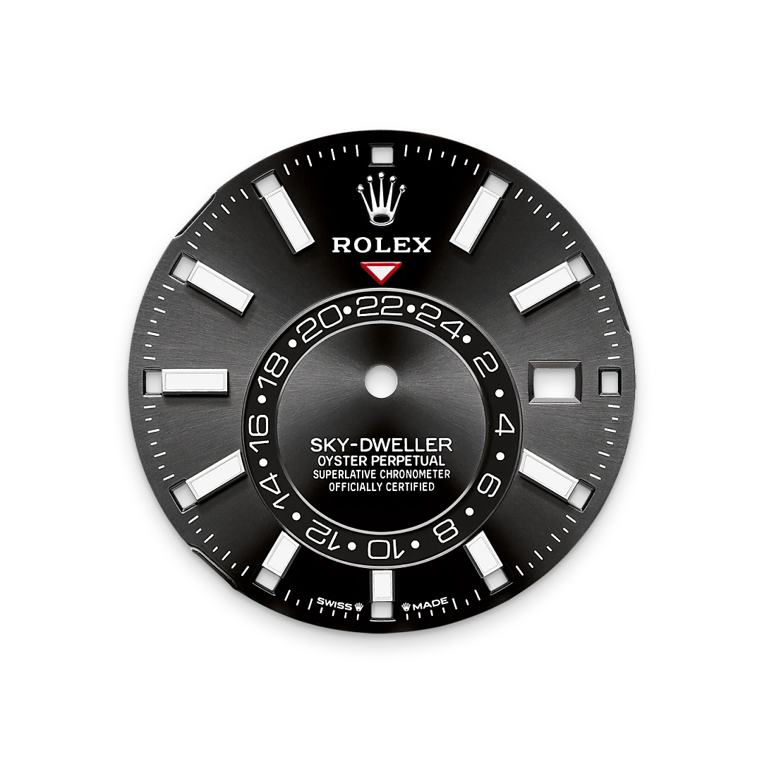 Rolex Sky-Dweller in white gold with a bright black dial, fluted bezel, and Oysterflex bracelet, m336239-0002 - Crisson