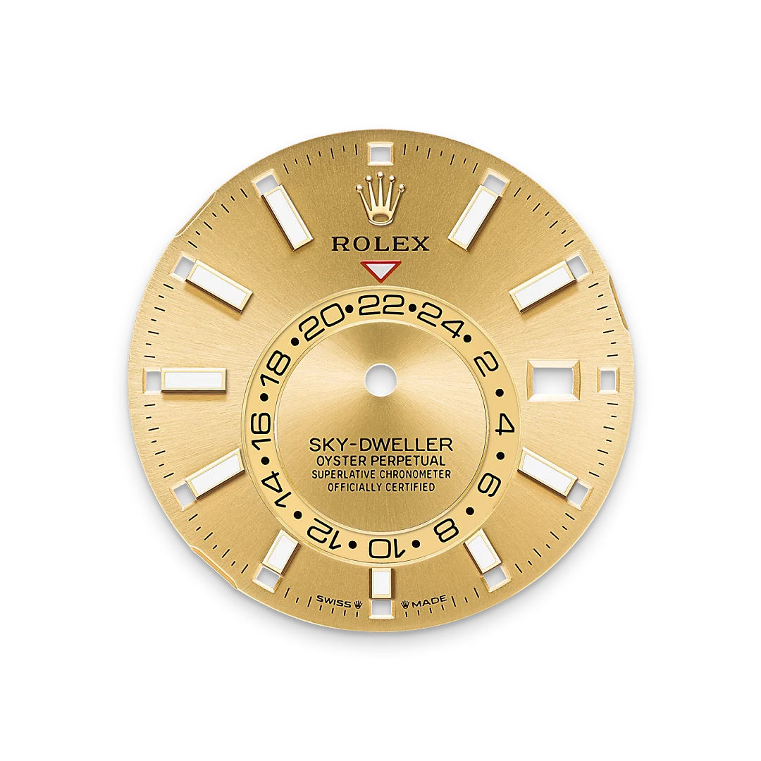 Rolex Sky-Dweller in Oystersteel and yellow gold with a champagne-colour dial, fluted bezel, and Oyster bracelet, m336933-0001 - Crisson