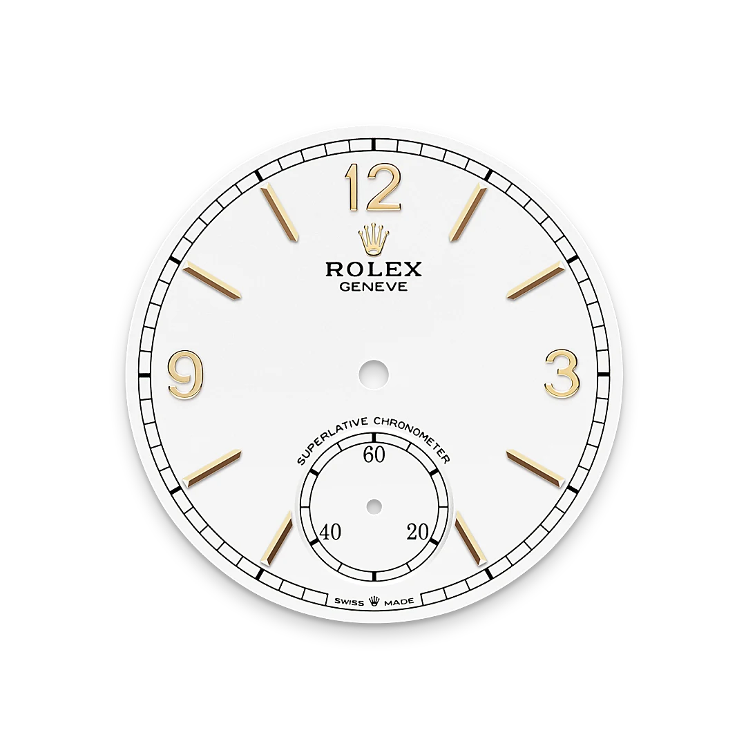 Rolex 1908 in yellow gold with an intense white dial, domed and fluted bezel, and Settimo bracelet, m52508-0008 - Crisson
