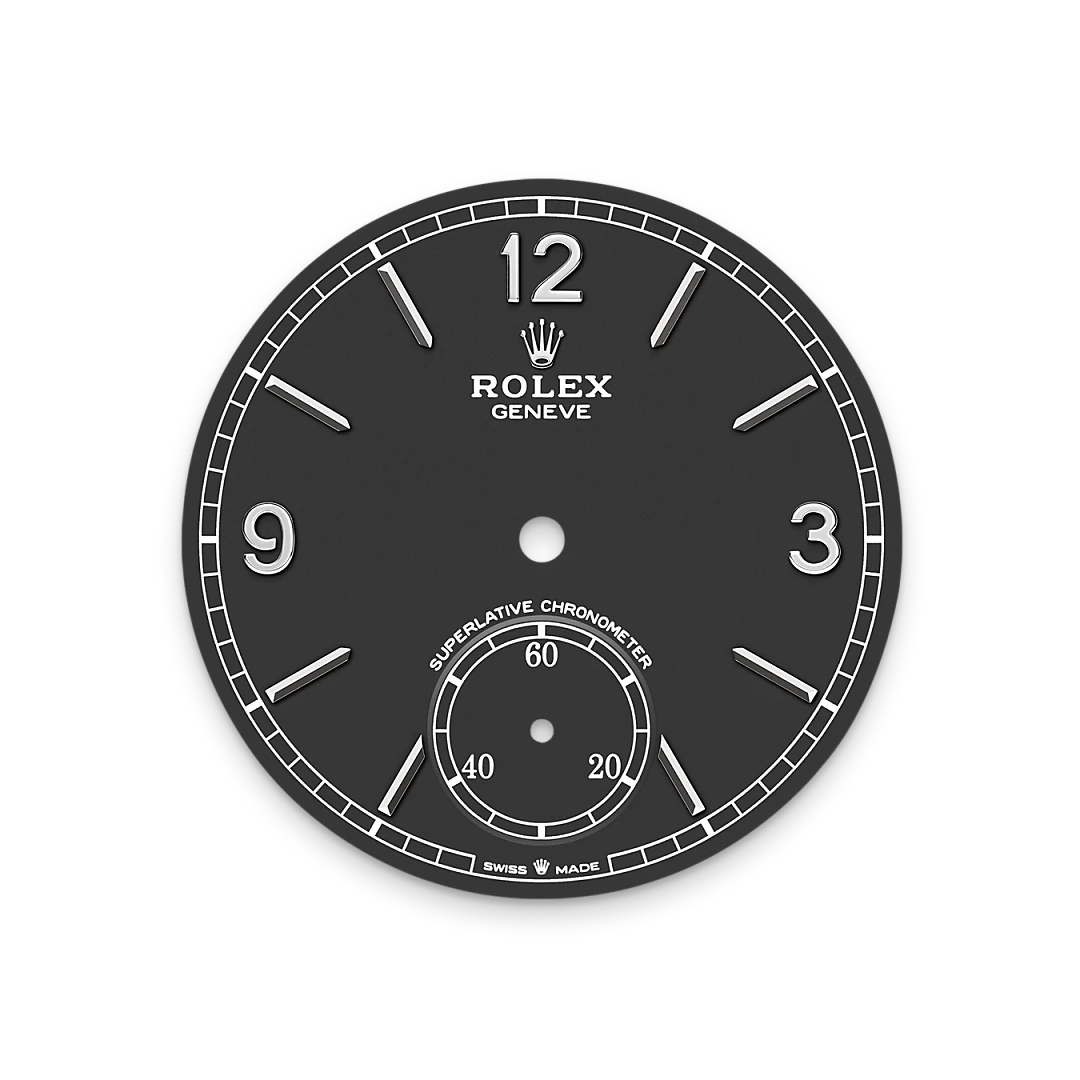 Rolex 1908 in white gold with an intense black dial, domed and fluted bezel, and leather bracelet, m52509-0002 - Crisson
