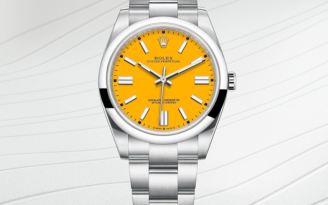 The essence of the Oyster. The Rolex Oyster Perpetual 41 in Oystersteel, 41 mm case, yellow dial, an Oyster bracelet. #Rolex #OysterPerpetualFor More Information:Email: info@crisson.comPhone: 295-2351